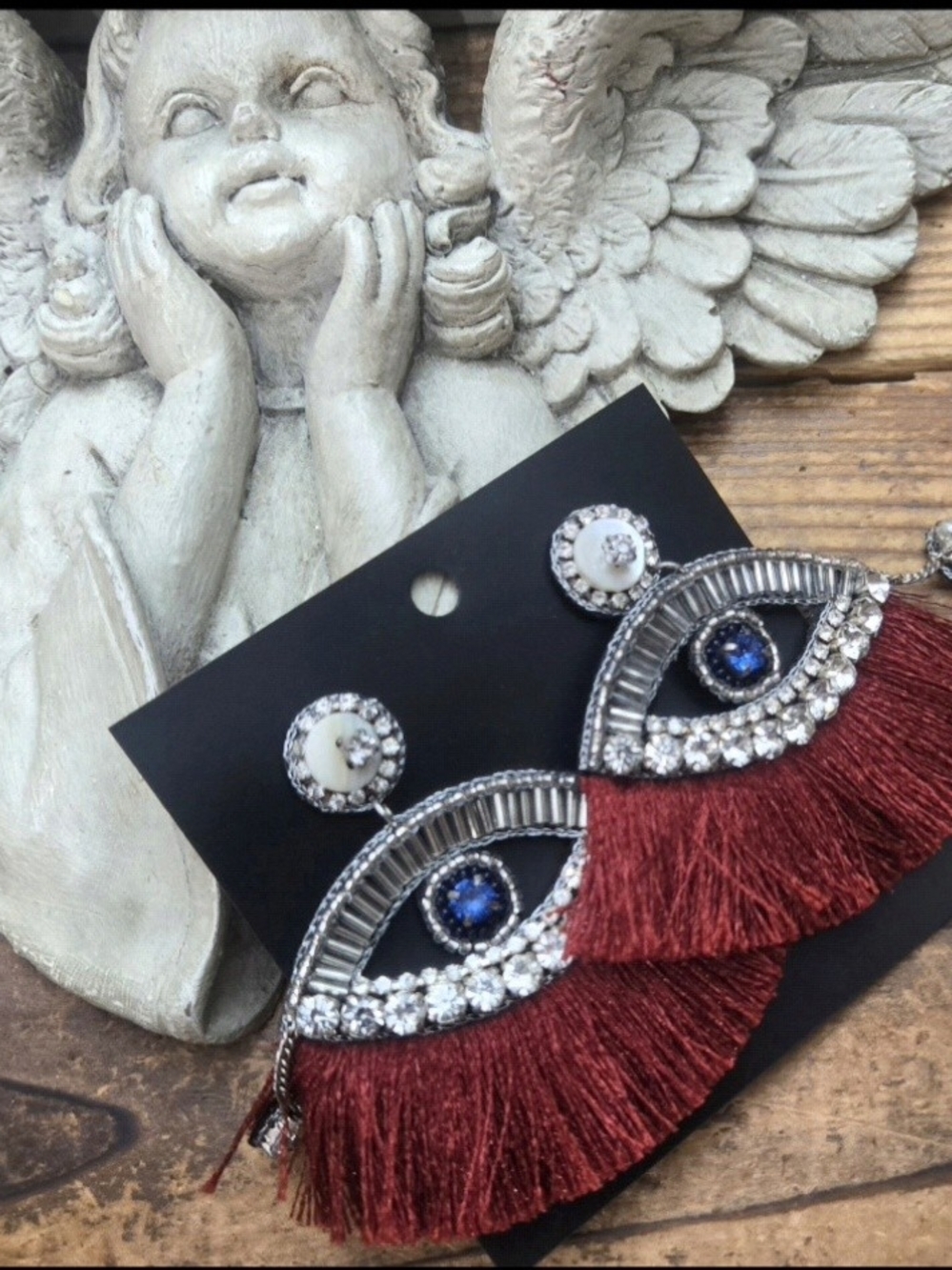Stylish Red Tassel Eye Drop Earrings with Blue Crystal Accent